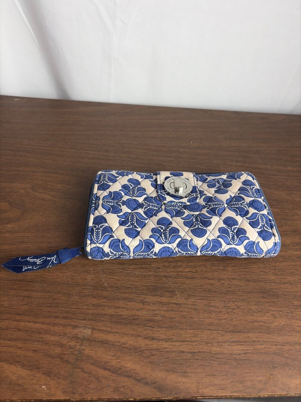 Vera Bradley Turnlock Wallet Cobalt Tile Blue White Floral Quilted Cotton Clutch